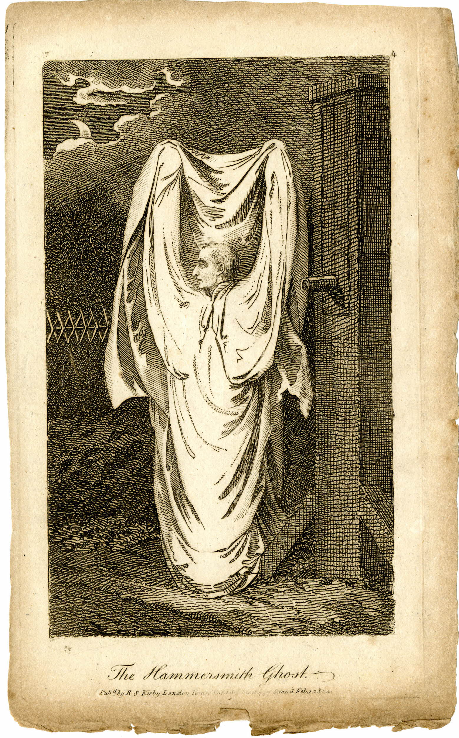 an etching of man holding a sheet above his head